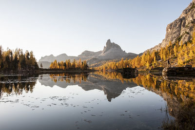 Scenic view of lake and mountains against clear sky