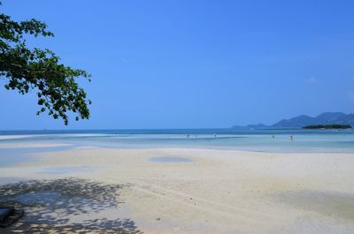 Scenic view of beach against clear blue sky