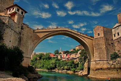 Arch bridge over river against sky