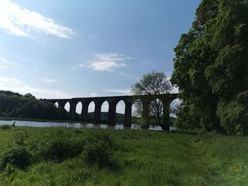 Arch bridge on grass against sky