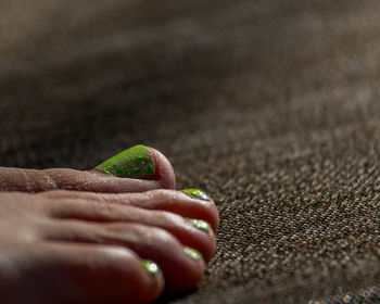 Low section of woman with painted nails on carpet