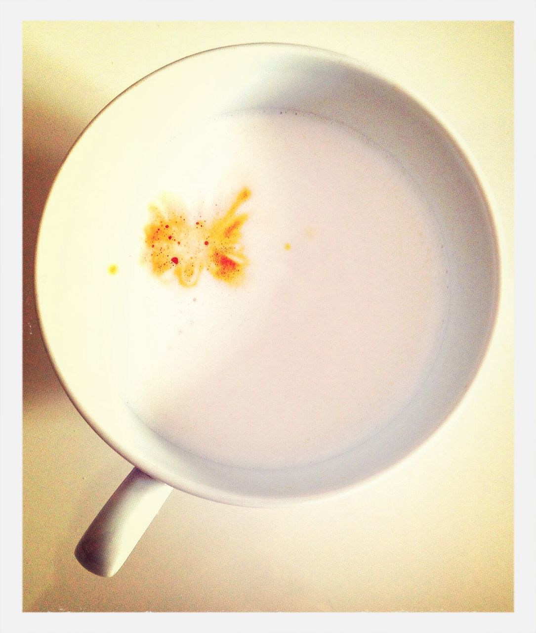 transfer print, indoors, auto post production filter, food and drink, freshness, table, still life, high angle view, drink, directly above, spoon, close-up, refreshment, bowl, plate, flower, coffee cup, healthy eating, white color, food