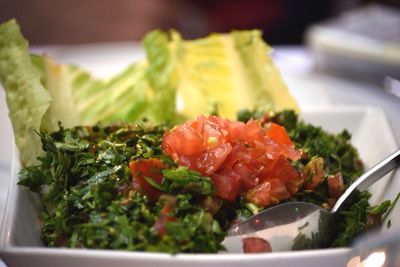 High angle view of salad in bowl on table