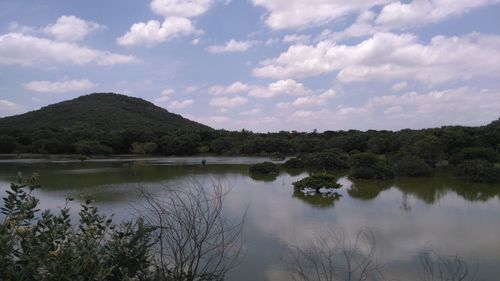 Scenic view of lake against cloudy sky