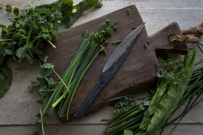 High angle view of chopped vegetables on table