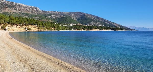 Scenic view of sea against clear blue sky