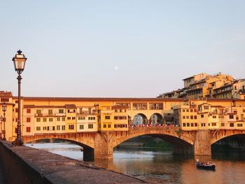 Bridge over river against buildings in city