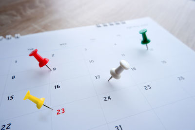 High angle view of text on white table