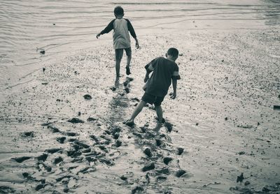 Rear view of people walking on beach