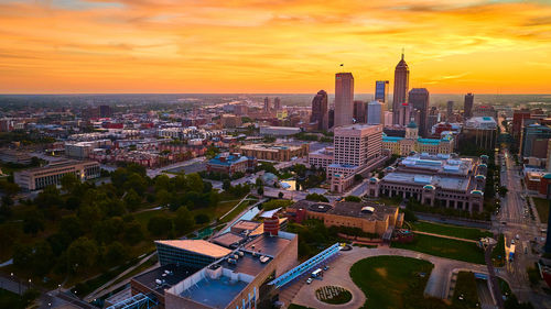 High angle view of townscape against sky during sunset