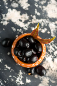 High angle view of black coffee in bowl on table