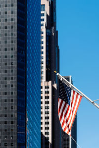 American flag against buildings in city