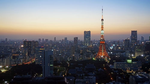 City skyline at sunset