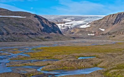 Scenic view of lake by snowcapped mountains against sky