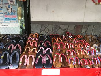 High angle view of shoes for sale in market