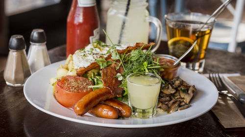 Close-up of food served on table