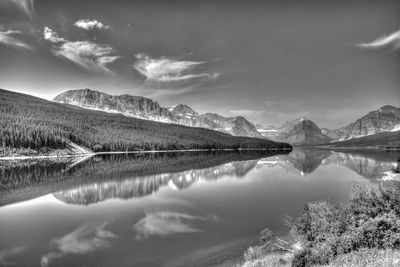 Reflection of mountains on calm lake at us glacier national park