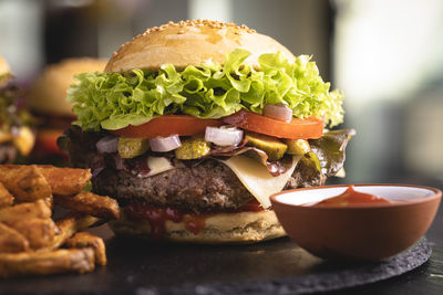 Close-up of burger in plate on table