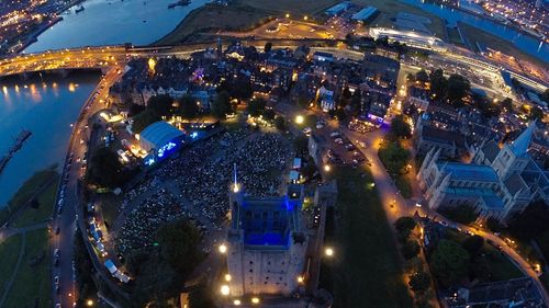 Aerial view of city at night