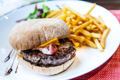 Close-up of burger and french fries in plate