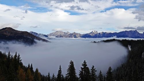 Scenic view of snowcapped mountains against sky