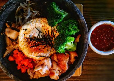 High angle view of food in plate on table