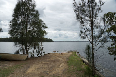 Scenic view of lake against cloudy sky