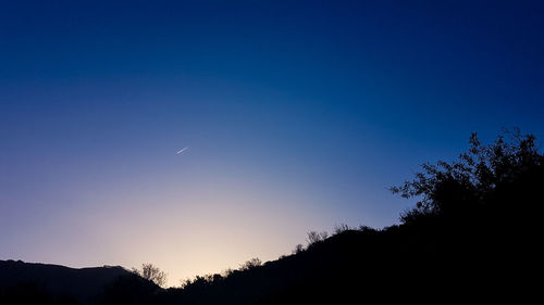 Low angle view of silhouette trees against blue sky