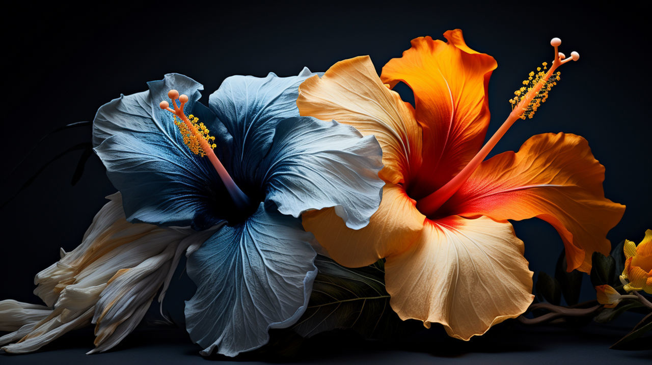 flower, black background, hibiscus, yellow, beauty in nature, nature, studio shot, plant, petal, orange color, flowering plant, indoors, close-up, fragility, no people, freshness, leaf