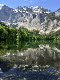 Scenic view of lake by snowcapped mountains