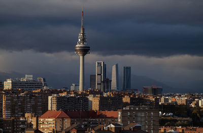 Panorama of city of madrid, spain, during sunset, with high tower buildings on background