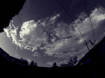 Low angle view of power lines against cloudy sky