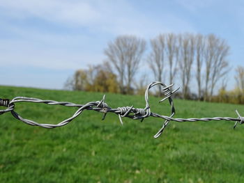 Close-up of barbed wire on field against sky