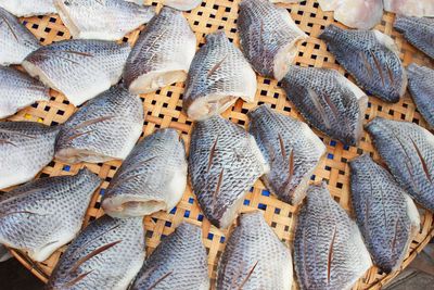 Full frame shot of fish slices for sale in market