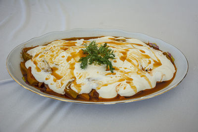 High angle view of breakfast served on table