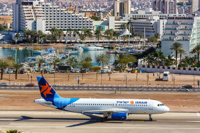 View of airplane in city