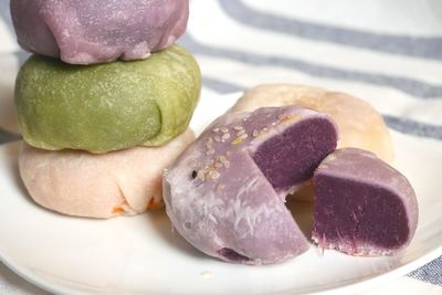 Close-up of fresh moon cakes served in plate