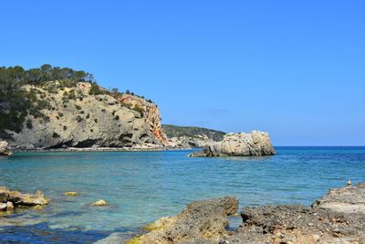 Scenic view of sea against clear blue sky