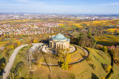 High angle view of historical building against sky