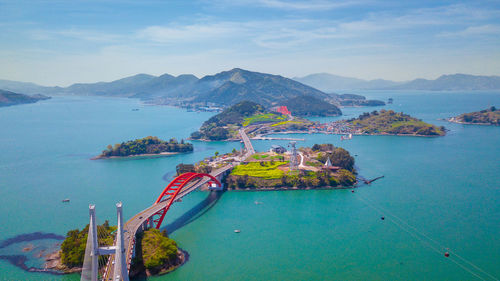 High angle view of bay and sea against sky