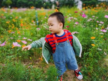 Full length of cute boy on grassy field