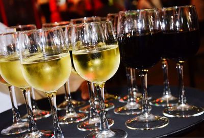 Close-up of wine glasses on table