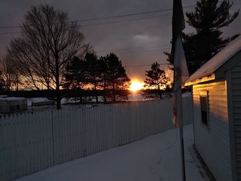 Snow covered trees by buildings against sky during sunset