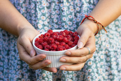Midsection of woman holding strawberries