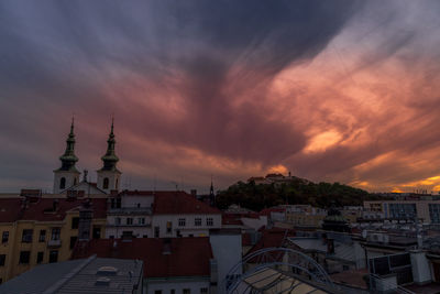 High angle view of buildings against sky at sunset