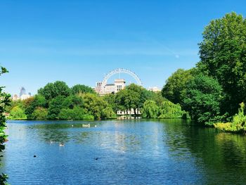 Scenic view of lake against blue sky