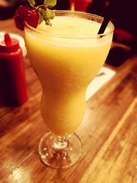 Close-up of beer in glass on table