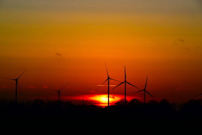 Silhouette of wind turbines during sunset