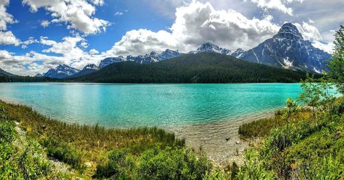 Scenic view of lake against cloudy sky