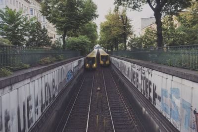 High angle view of railway tracks amidst trees against sky